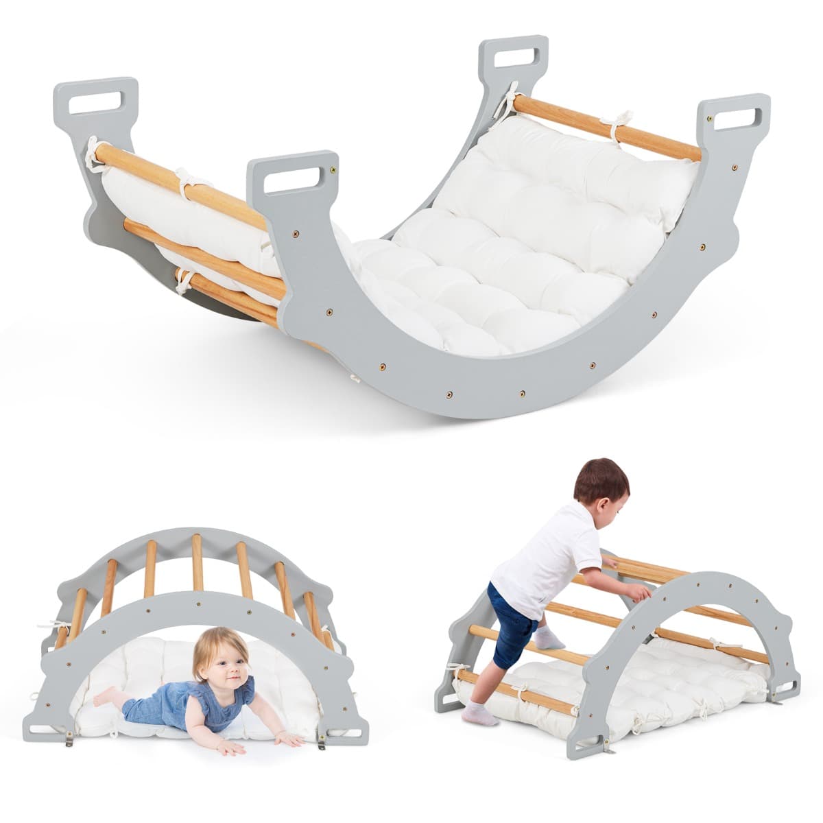 CostwayArche d’Escalade Montessori 3 en 1 à Bascule Coussin Moelleux pour Grimper ou Se Reposer Utilisable Intérieur/Extérieur Gris