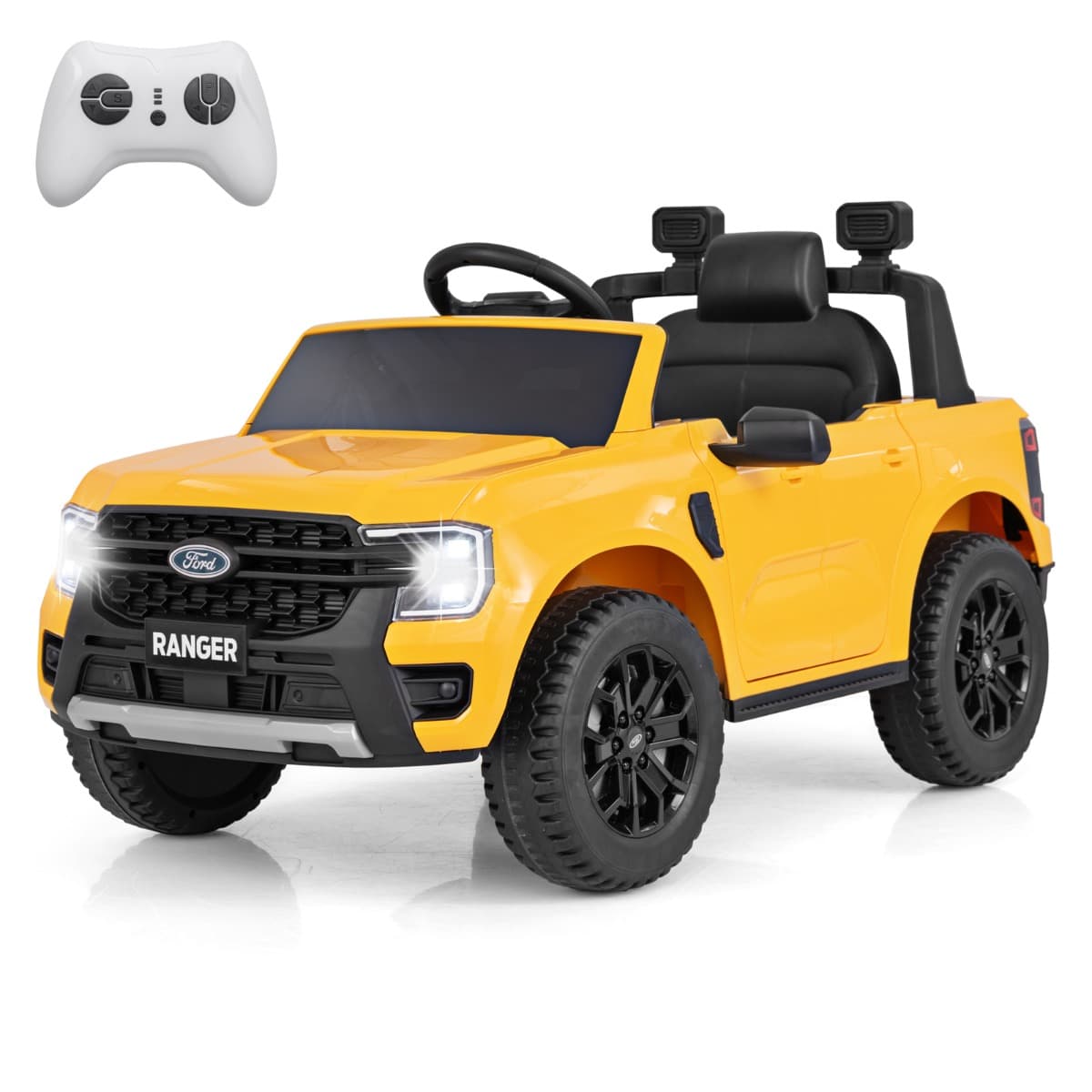 CostwayVoiture Electrique 12V USB Musique Histoire Connexion Sans Fil Démarrage Progressif avec Télécommande 2,4G pour 3-6 Ans Jaune
