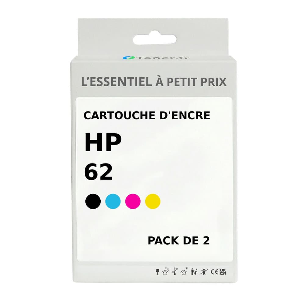 Pack de 2 cartouches d'encre compatibles HP 62 Noir et couleurs